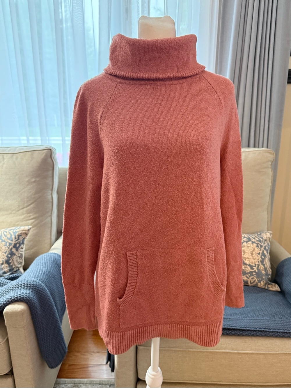 LOFT Dusty Rose Cowl-Neck Sweater with Front Pocket